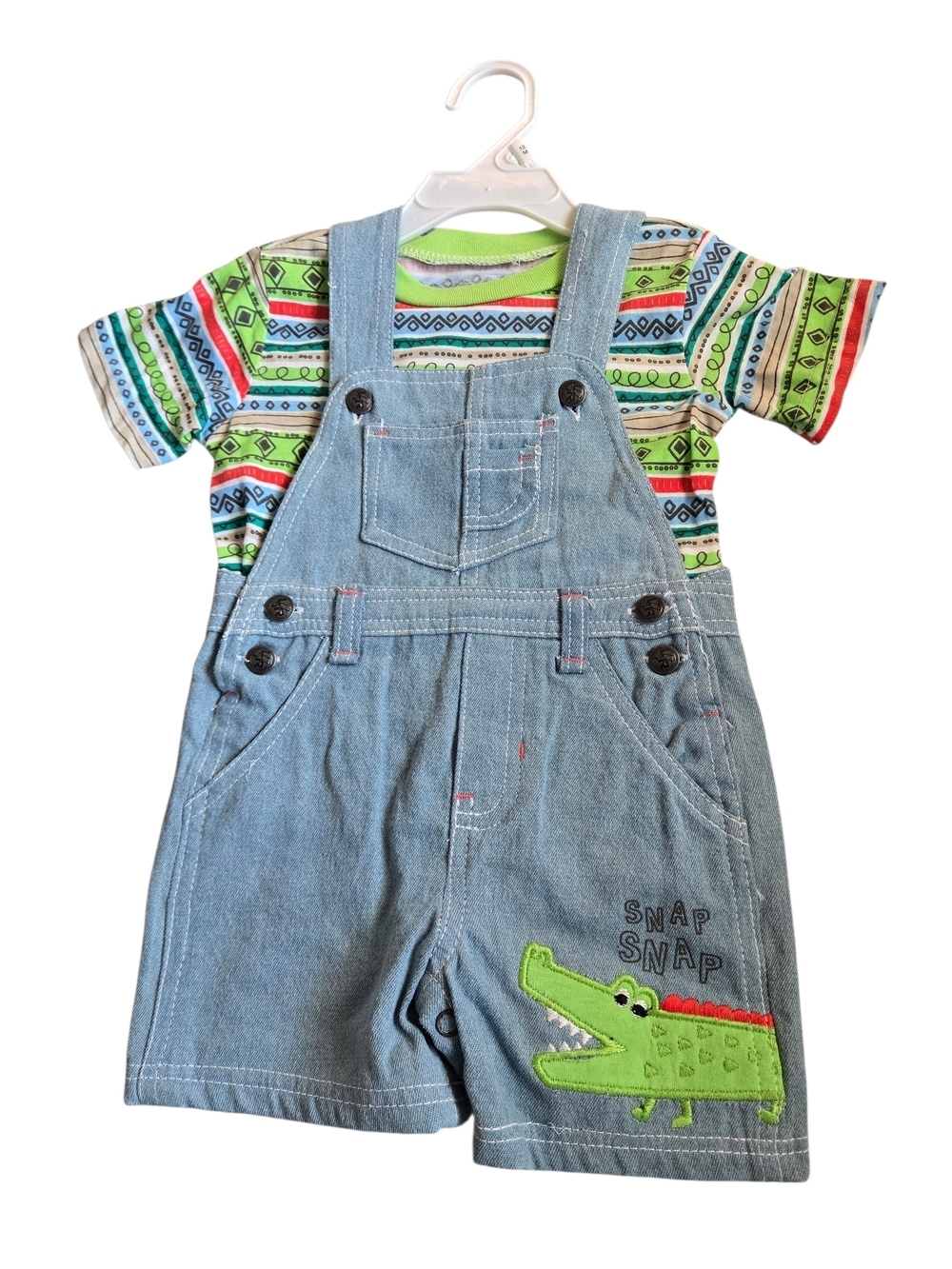 Little Rebels Baby 12M 2Pc Denim Short Overalls Set Croc Patch Snap 100% Cotton